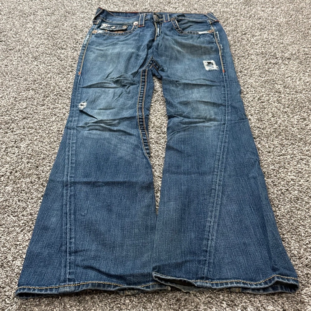 VTG True Religion Joey Big T Distressed Flare Jeans 32x33 Made in USA Y2K Denim
